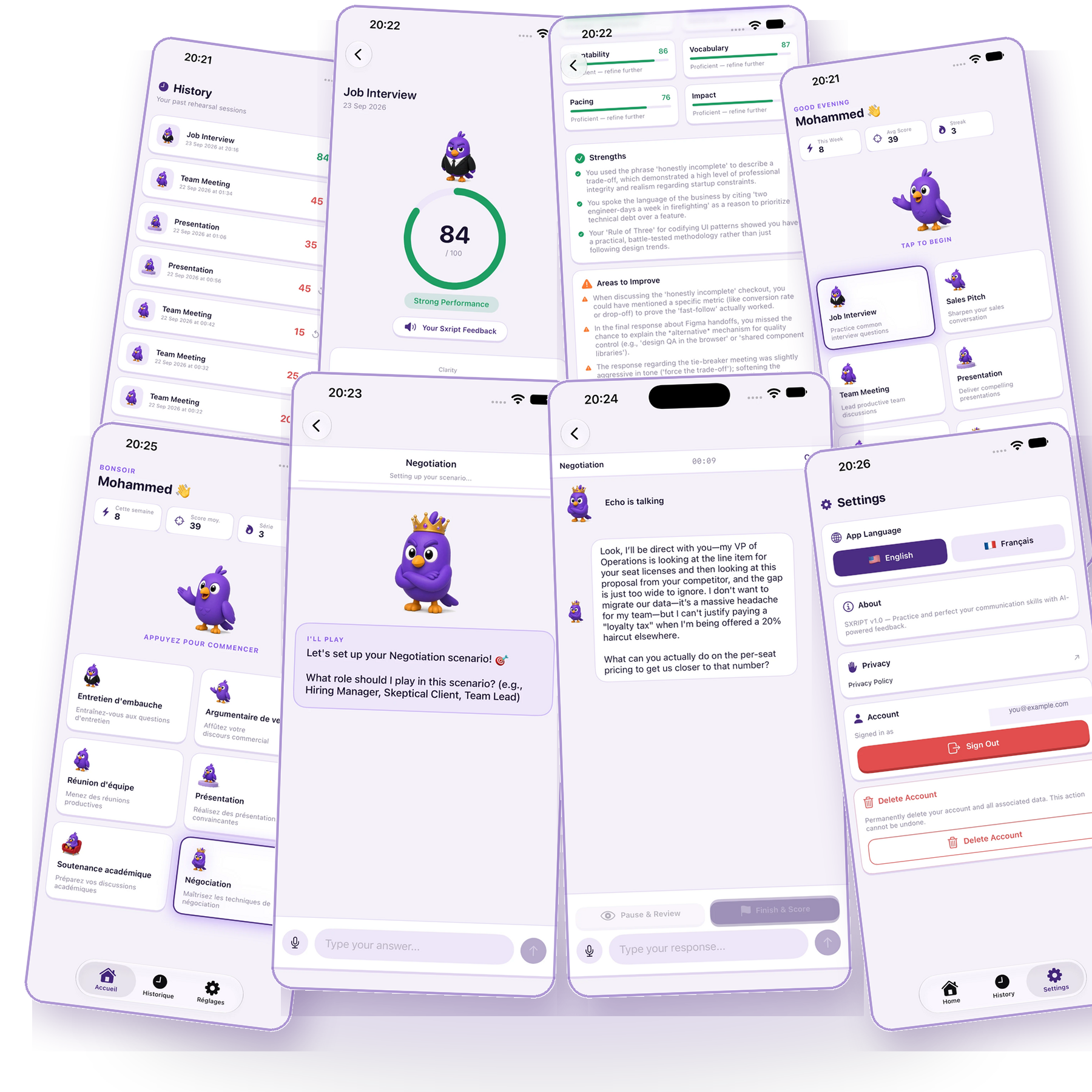 Ten real sxript mobile app screens showing Echo, scenario selection, live rehearsal, scoring, feedback, and progress history